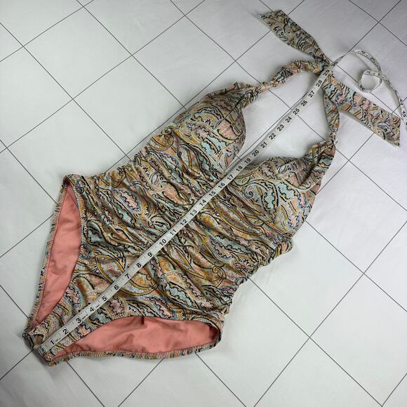 Athleta Swimsuit Womens Medium Aqualuxe Paisley Halter One Piece Resort Travel - Picture 11 of 11